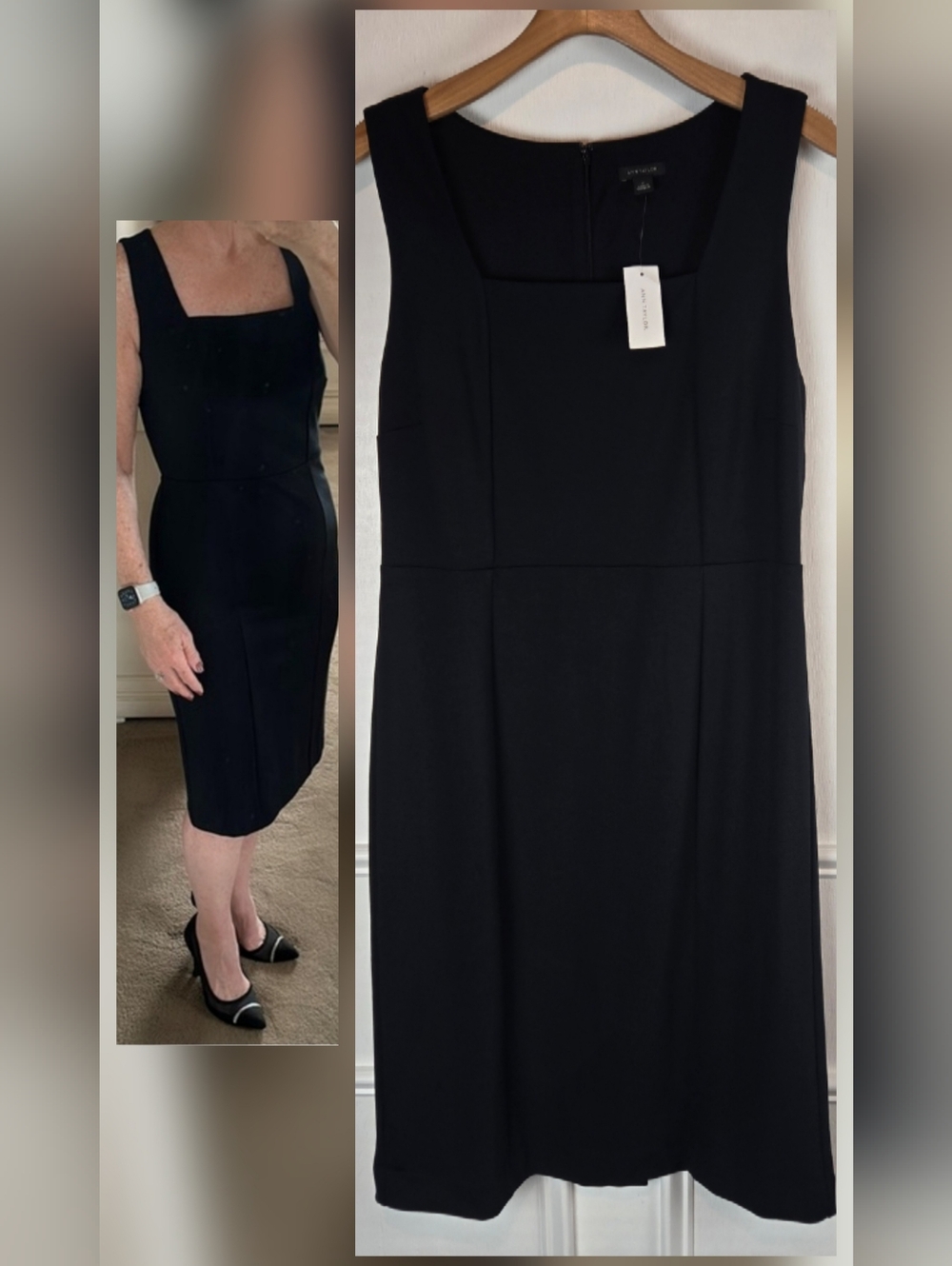 NWT Ann Taylor Ponte Knit Classic Black Square-Neck Sheath Dress 12 Or XL